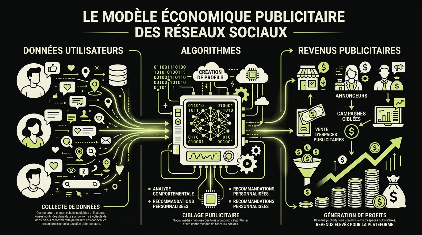 Infographie illustrant le modèle économique publicitaire des réseaux sociaux : données utilisateurs, algorithmes et revenus publicitaires
