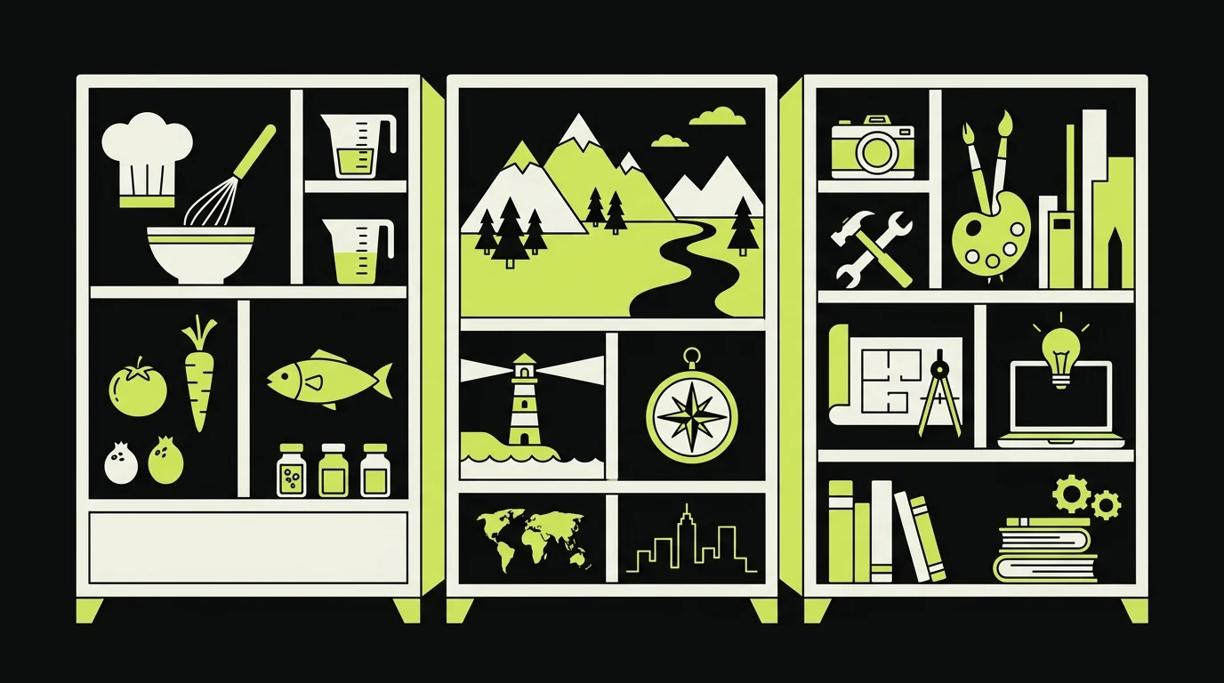 Illustration d'une bibliothèque de contenus organisée en recettes, lieux et projets