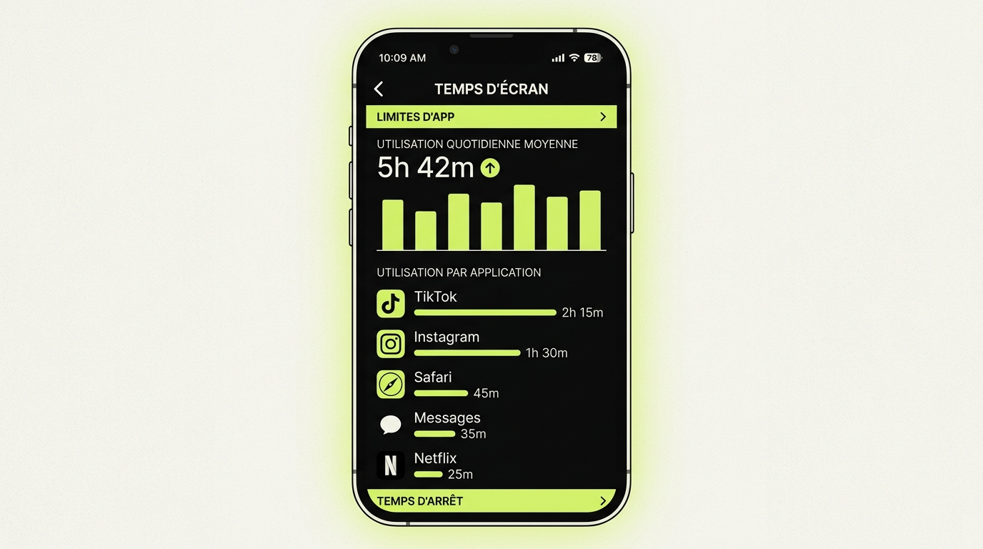 Capture d'écran de l'interface Screen Time sur iPhone montrant les statistiques d'utilisation par application