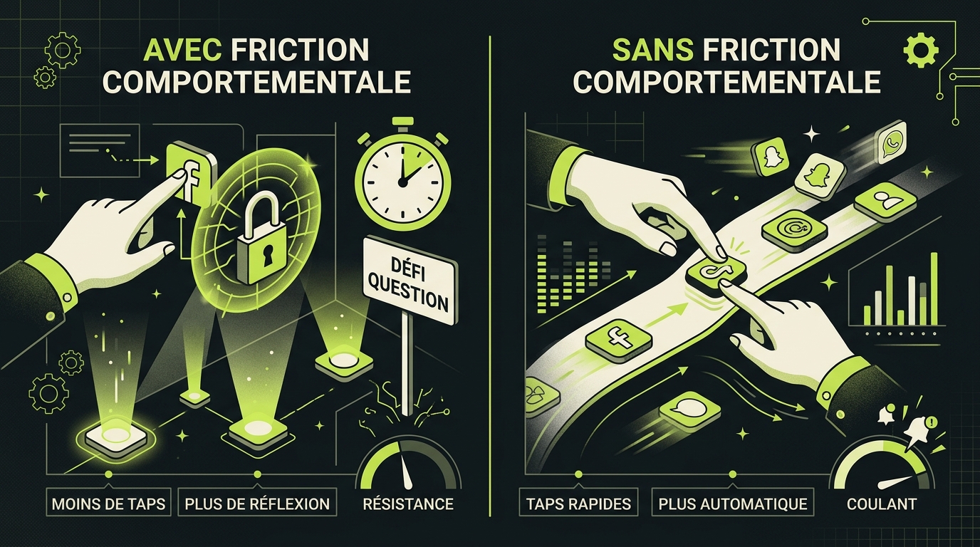 Schéma comparant l'effet d'une limite d'app Screen Time avec et sans friction comportementale sur l'usage quotidien