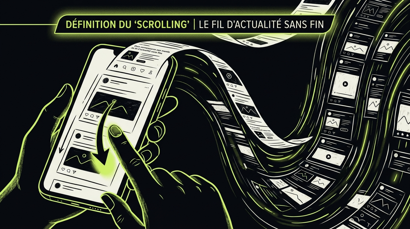 Illustration de la définition de scroller : doigt faisant défiler un fil d'actualité sur smartphone