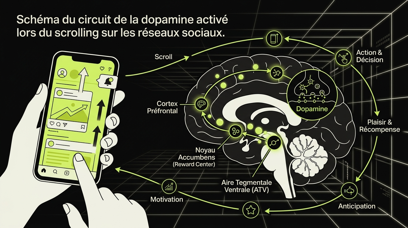 Schéma du circuit de la dopamine activé lors du scrolling sur les réseaux sociaux