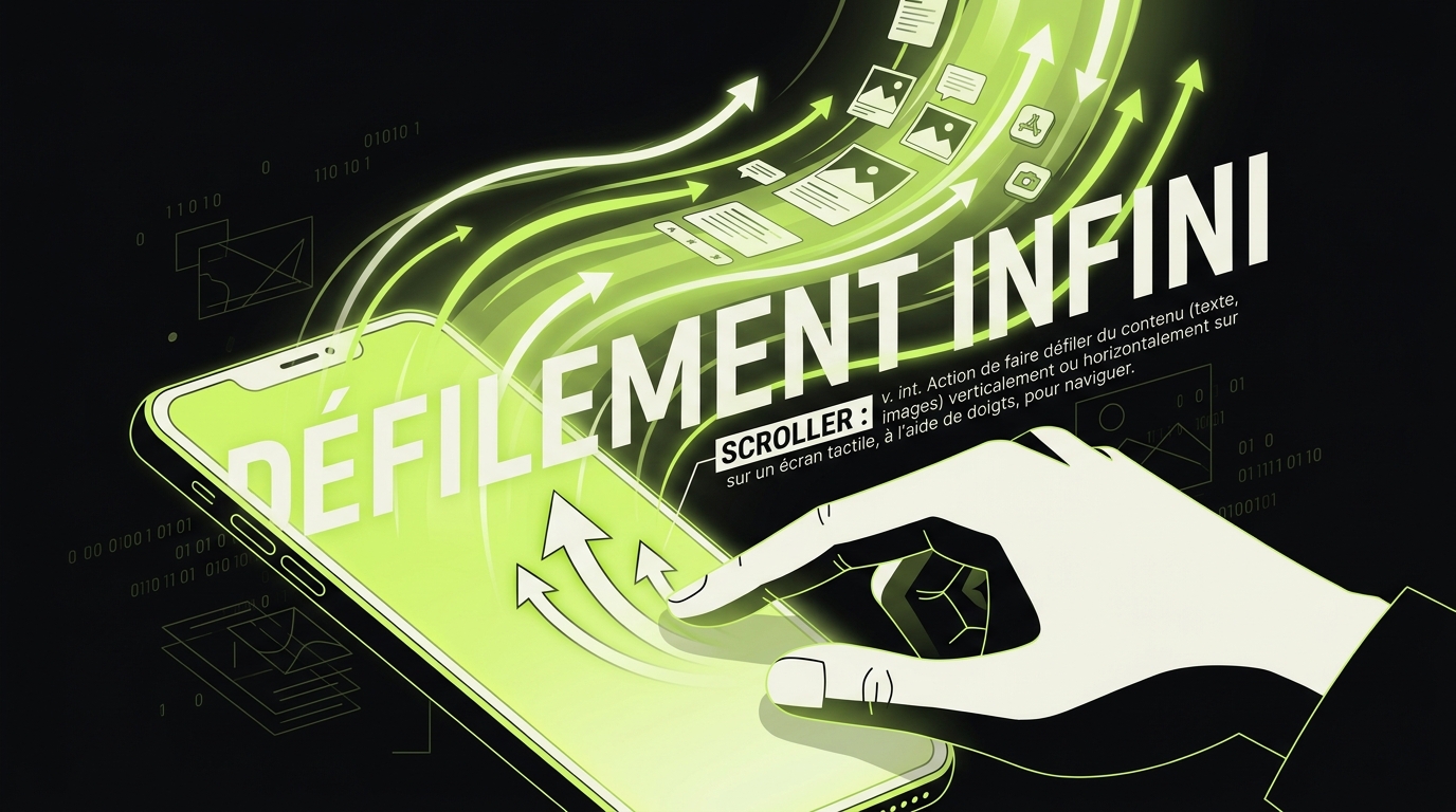 Illustration du geste de défilement sur smartphone, représentant la définition de scroller en français