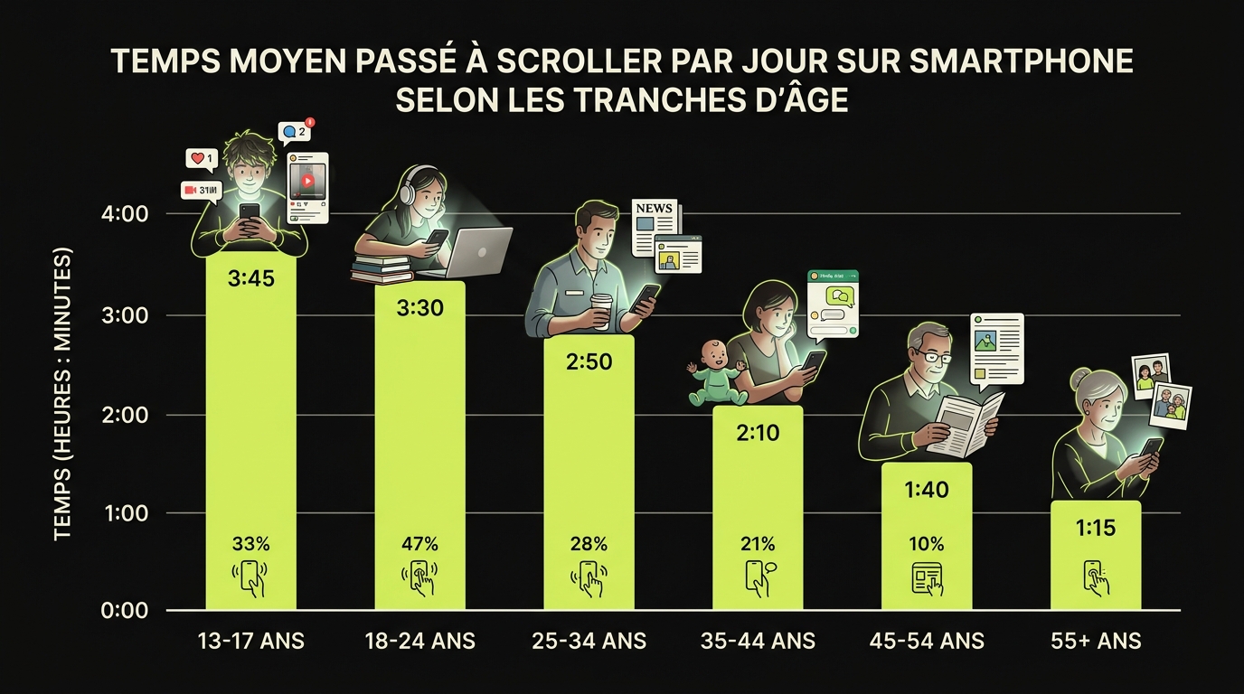 Graphique représentant le temps moyen passé à scroller par jour sur smartphone selon les tranches d'âge